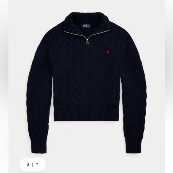 NEW!!! Ralph Lauren Navy Cable-Knit Quarter-Zip Sweater with Red Pony - Picture 2 of 5